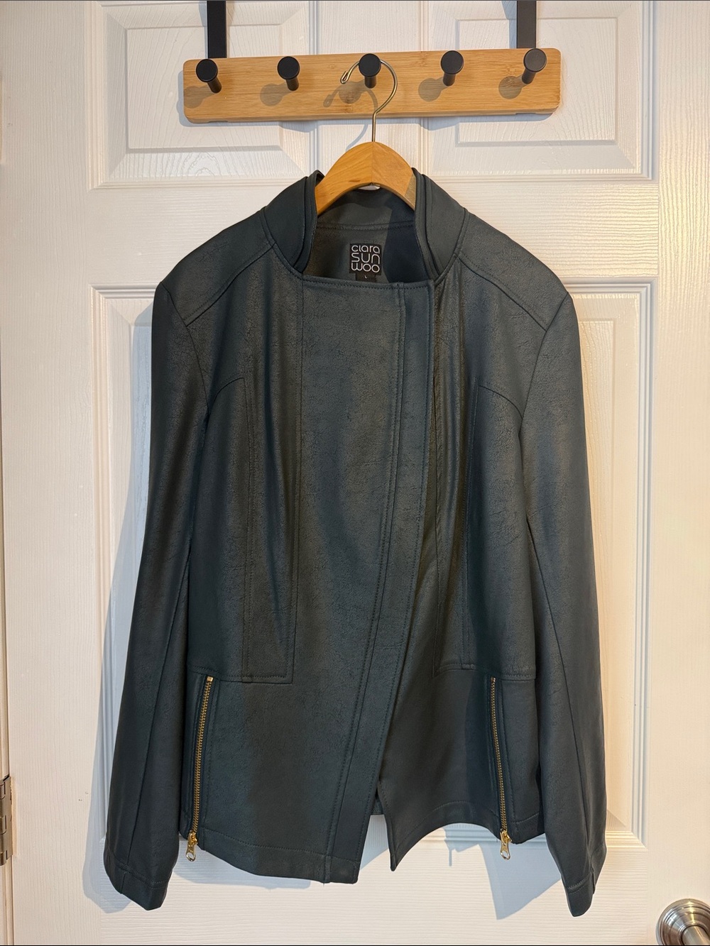 CLARA SUNWOO Dark Green Faux Leather Jacket with Gold Zippers